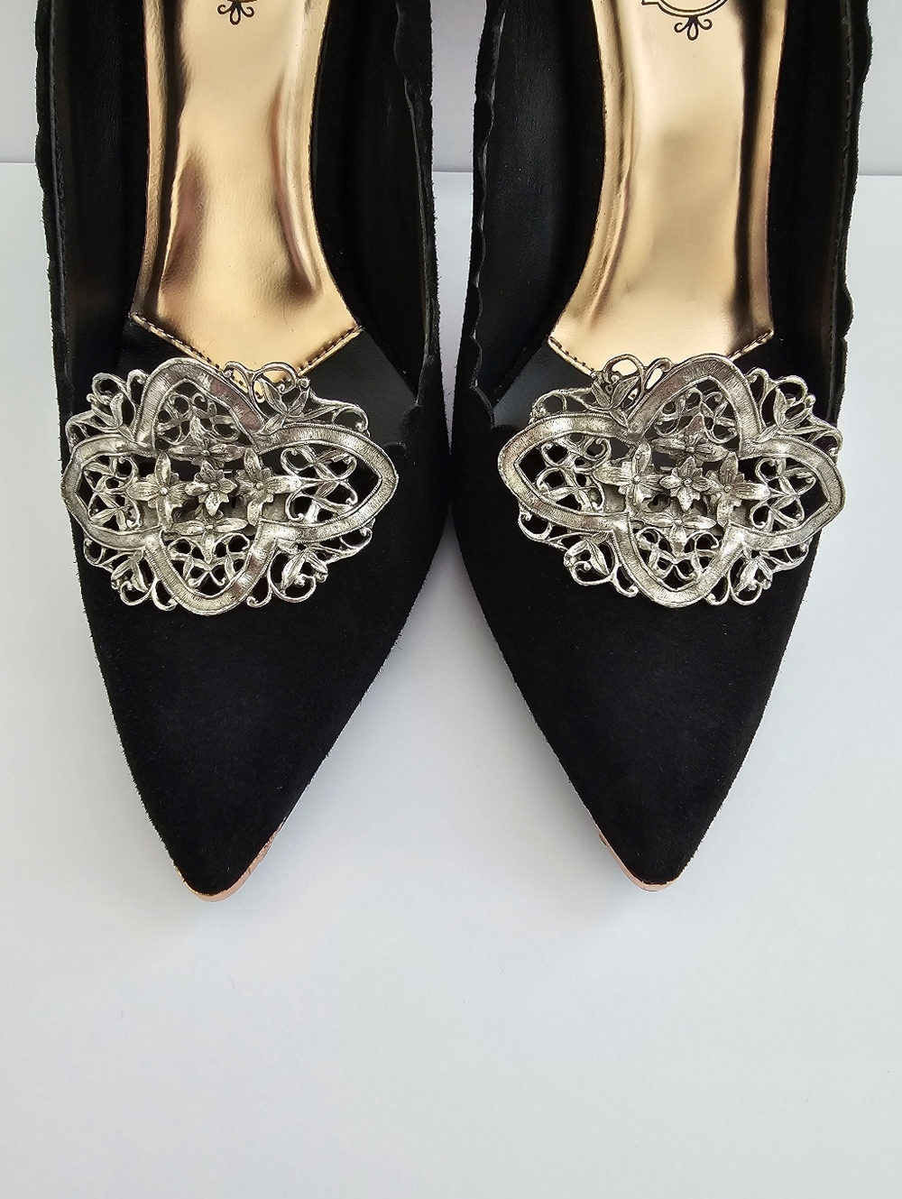​Vintage MUSI Signed Silver Tone Shoe Clips, Mid-Century Ornate Filigree Floral
